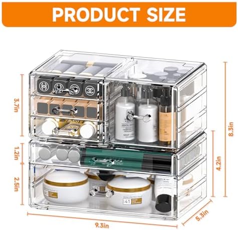 Cq acrylic 2 Pack Clear Desk Organizer With Drawers,Stackable 6 Drawers Skincare Organizer,Cute Skin Care Organizers for Vanity Hair Clip,Jewelry,Beauty Product Desk and Makeup Organizers Countertop