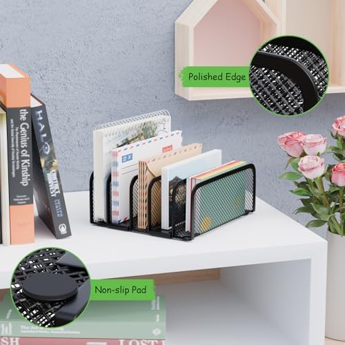 Mail Organizer Countertop, Metal File Holder with 5-Slot, Small Desk File Organizer for Letter, Bill, Mail Sorter, Desktop Letter Folder Holders for Office, Home, School (Black)