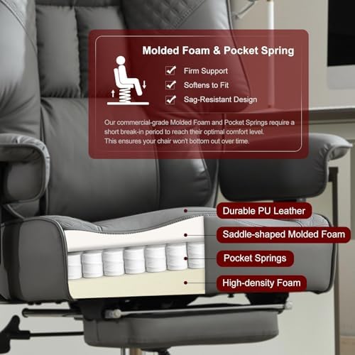 EXCEBET Big and Tall Office Chair 400lbs Wide Seat, Leather High Back Executive Office Chair with Foot Rest, Ergonomic Chairs Lumbar Support for Lower Back Pain Relief (Grey)