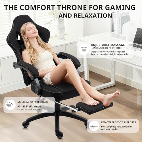 Dowinx Gaming Chair Breathable Fabric Game Chair with Gel Pad and Storage Bag, Comfortable Gamer Chair with Pocket Spring Cushion,Ergonomic Computer Chair with Footrest,Black
