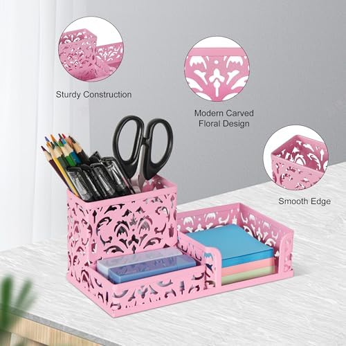 EasyPAG Desk Organizer 3 Compartment Pen Holder for Desk Office Supplies Caddy with Sticky Notes Holder for School Home, Pink