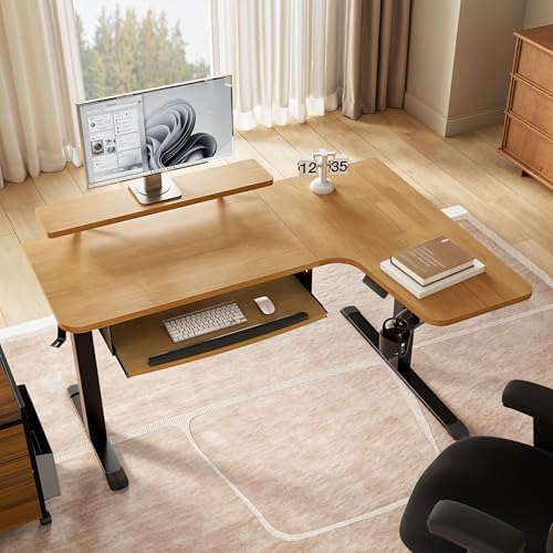 EUREKA ERGONOMIC L Shaped Standing Desk w Solid Wood Tabletop,61" Electric Corner Computer Desk, Adjustable Height Desk w Keyboard Tray,Dual Motor,LED Monitor Stand,Right/Oak