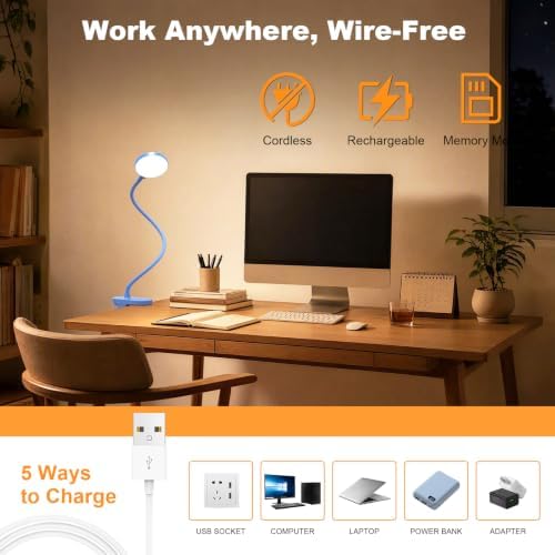 Cordless Clip on Reading Lamp, Rechargeable LED Book Light for Kids, Flexible and Dimmable Clamp Light with 3 Color Modes & 10 Brightness for Students Dorm Room Desk Bunk Bed Headboard (Blue/3.5'')