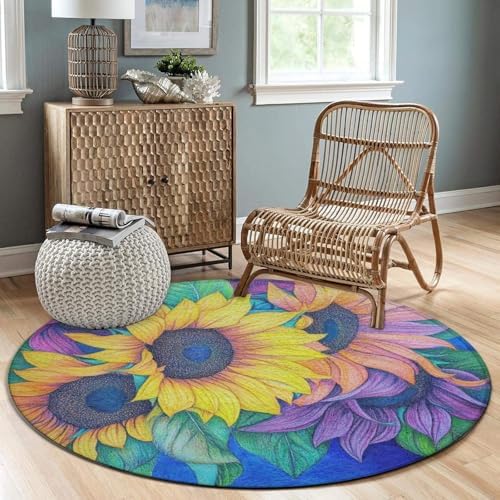 Highly Premium Quality Floor Mat, Office Chair Decor Mat, Room Sofa Yoga Soft Round Carpet Colorful Sunflower, 60inch