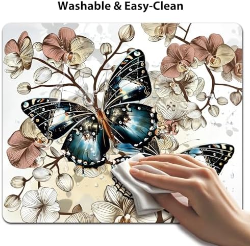 9.5x7.9 Inch Office/Gaming Mouse Pad, Vintage Blue Butterflies on Orchids Flowers Elegant Floral Art, Cute Anti-Slip Mat for Desk Decor