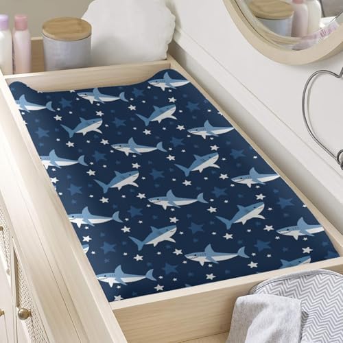 Cartoon Ocean Sharks Stars Animals Pattern Baby Changing Pad Cover, Unisex Sea Animals Nursery Diaper Changing Table Pad Mat Sheet for Boys Girls-16x32