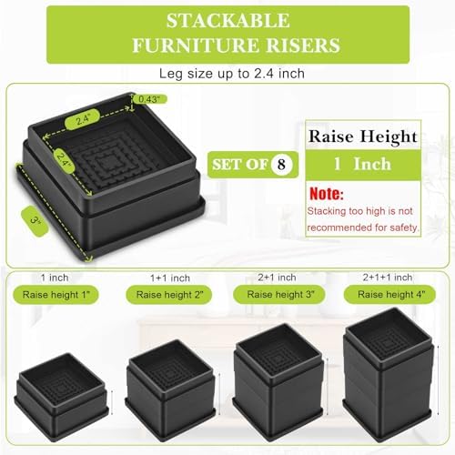 8 Pack Furniture Risers 1 Inch, Adjustable Bed Risers Heavy Duty for Table Desk Couch Chair Sofa Cabinet Bed Frame Dorm, Square Stackable Table Leg Risers Lift Height 1", 2" or 3", Black