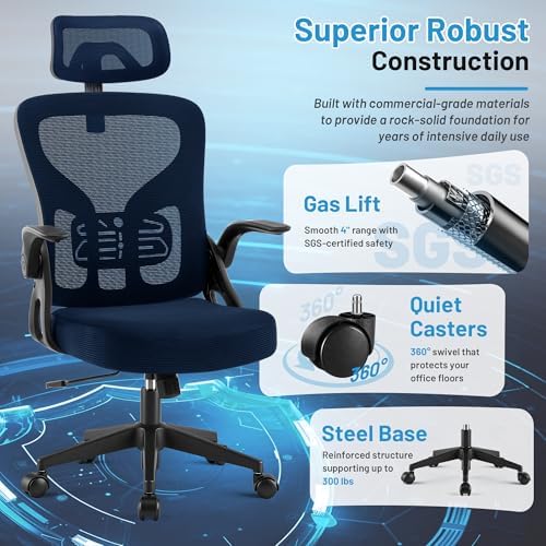 Office Chair Ergonomic Desk Chair with Adjustable Headrest Lumbar Support, High Back Breathable Mesh Chair with 120° Tilt & Flip-Up Armrests, Swivel Comfy Task Computer Chair for Work, Study