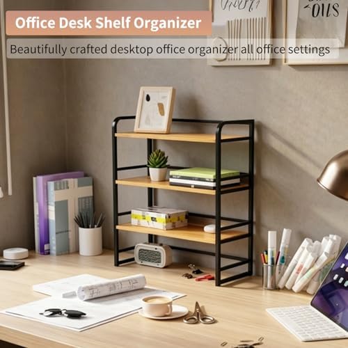 Office Desk Shelf Organizer, Wood Desktop Bookshelf Supplies Storage Rack, Shelf for Top of Desk and Dresser and Cubicle Decor Aesthetic Bookshelf (White White, Three Tier, 15.75Lx7.87Wx22.05H)