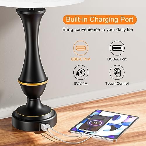 Touch Lamps for Nightstand, 3 Way Dimmable Lamps for Bedroom with USB C+A