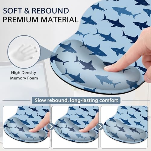Wrist Rest Mouse Pad and Keyboard Support Set,Cute Shark 3 in 1 Ergonomic Memory Foam Mousepad with Non Slip Base, Gaming Mouse Pad for Office and Home