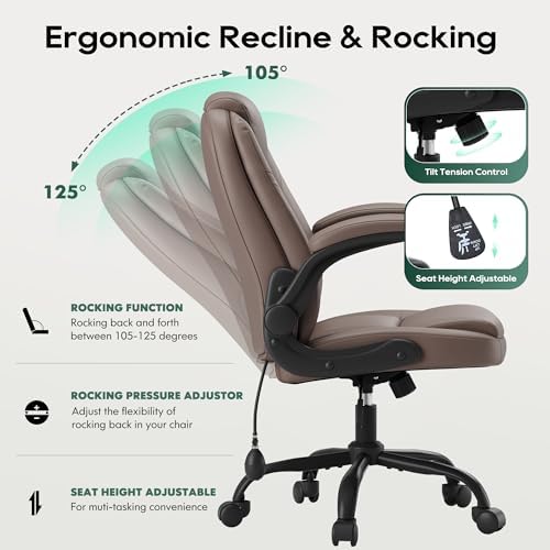 MALOL Leather Office Chair, Home Desk Chair with Flip-up Arms, Brown