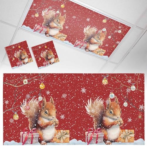2 Pcs Fluorescent Light Covers for Ceiling Lights,Cute Squirrel Christmas Snowflake on Red,Magnetic Light Filters Drop Fluorescent Lights Shade for Office Xmas Bell on Branch