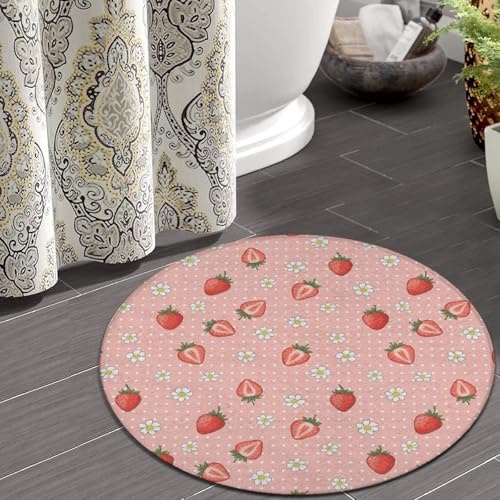 Soft Round Yoga Carpet, Office Chair Decor Round Mat for Carpet and Hardwood Floors Floral Flowers Dots Cute Strawberries Pink Art, 60inch