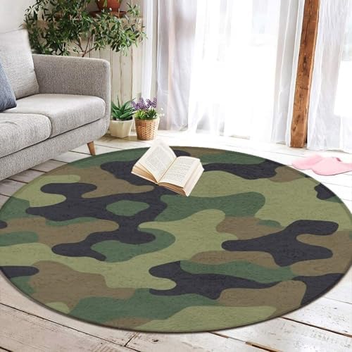 Home Decor Non Slip Kitchen Office Circle Rug, Machine Washable Modern Round Area Rug, Room Sofa Yoga Soft Round Carpet Cool Camo Military Camouflage