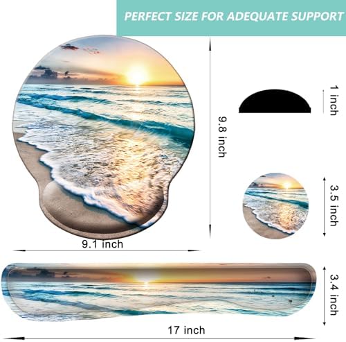 Keyboard Wrist Rest Pad Mouse Pad with Wrist Support Set of 3, Mousepad with Non-Slip Rubber Base, Ergonomic Memory Foam Mouse Wrist Cushion Support for Home Office Laptop Computer Gaming, Beach