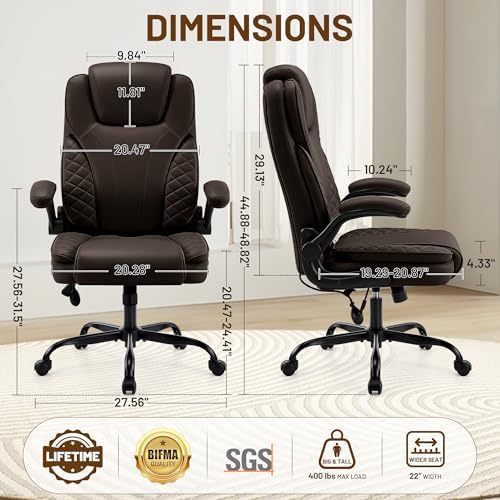Ergonomic Office Chair, PU Leather High Back Executive Chair with Adjustable Inflatable Lumbar Support and Padded Flip-Up Arms, Recline Swivel Task Computer Chair for Home Office, Dark Brown