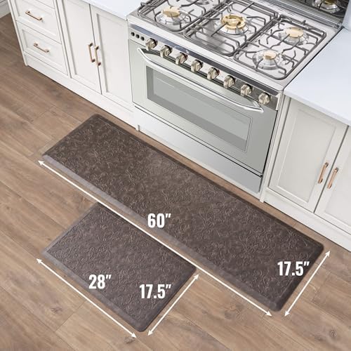 Chef Gear - Anti-Fatigue Wellness Kitchen Mat - Marni Design - Cushioned Comfort Chef Mat - Faux Leather - Cooking & Standing Relief -Skid-Resistant - Set of 2-17.5"x 60"/ 17.5"x28"- Mocha