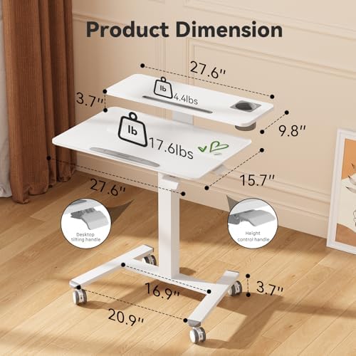 28" Glass Standing Desk, Tiltable Top with 2-Tier Shelves, White