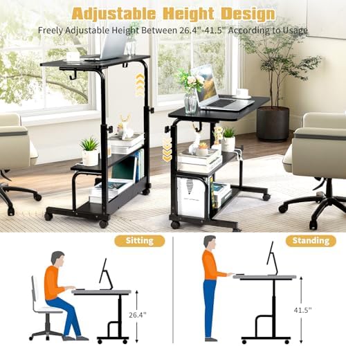 Karl home 31.5" Portable Rolling C-Shaped Computer Desk on Wheels, Black
