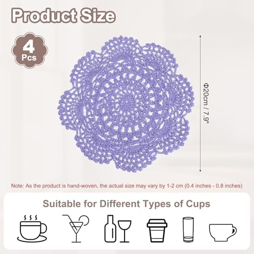 uxcell 4 Pcs Crochet Handmade Placemat Doilies for Table 7.9" Light Purple