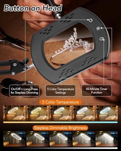 10X 30X Magnifying Glass with Light, Magnifying Lamp with Real Glass Square Lens, Stepless Dimming & 5 Color Modes, Magnifying Glass for Close Work, Crafts, Sewing, Repair & Reading