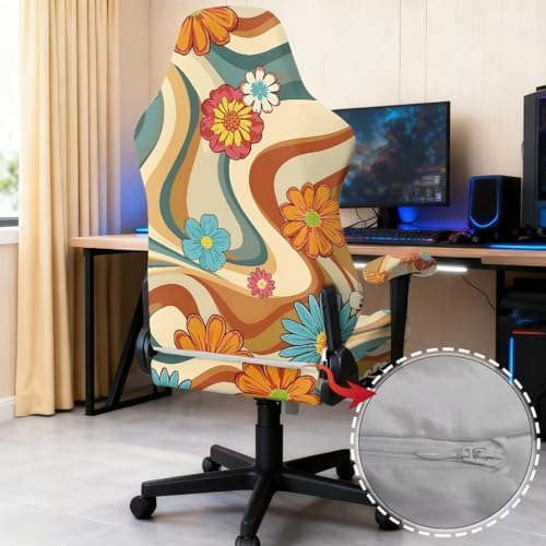 Hippie Daisy Print Gaming Chair Cover Anti Dust 4 Piece Furniture Protector Washable Stretchable Gaming Chair Slipcover with Armrest Covers