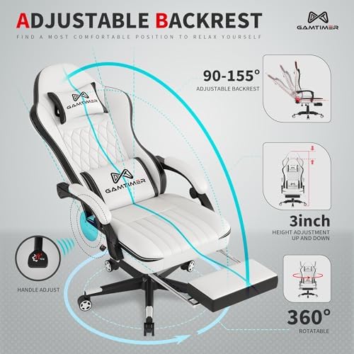 Gamtimer Gaming Chair with Footrest, Ergonomic Computer Chair, PU Breathable Material with Headrest and Lumbar Support, Suitable for Silla Gamer and Adults (White)