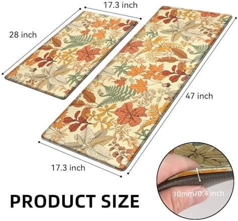2Pc Botanical Kitchen Rugs Set, Orange Brown 17.3"x28" + 17.3"x47"