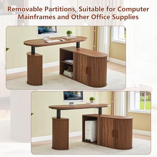 55" L Shaped Oval Electric Wood Standing Desk with Storage