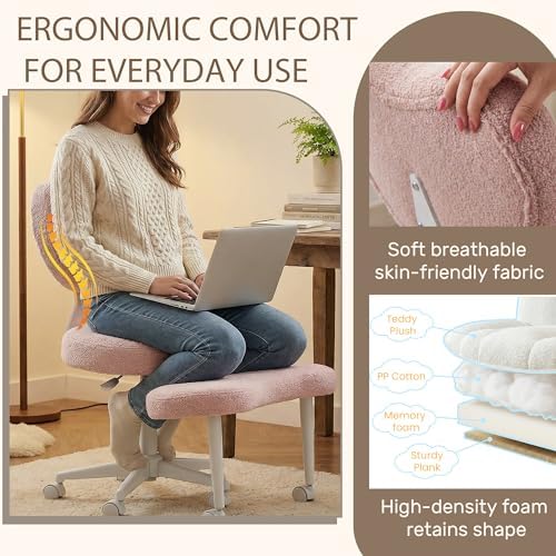 Cross Legged Chair, Meditation Chair Plus with 360° Swivel Wheels for ADHD/Fidgety Sitters, Height Adjustable & Ergonomic Lumbar Support, Teddy Fabric, Pink Home Office Furniture