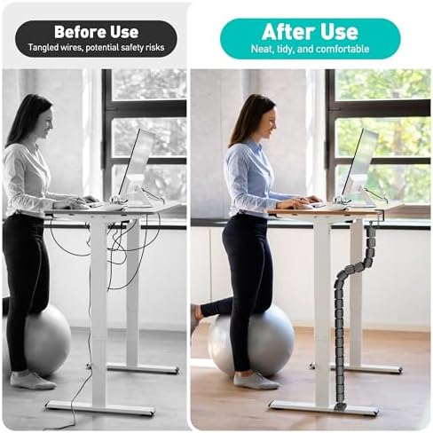 Clamp-On Cable Management Spine, No-Drill Vertebrae Wire Hider for Glass & Wood Standing Desks, Tool-Free Adjustable Desk-to-Floor Cord Organizer Snake with Non-Scratch Silicone Padding