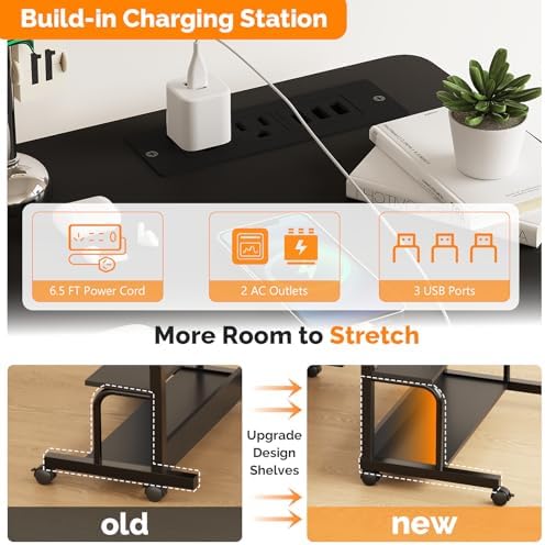 FCH 31.5" Mobile Small Standing Desk, Adjustable Height Mobile Computer Desk, w/2 AC Outlets + 3 USB Ports & Hooks, Storage Shelves, Suitable for Gaming, Studying, Home Office, Black