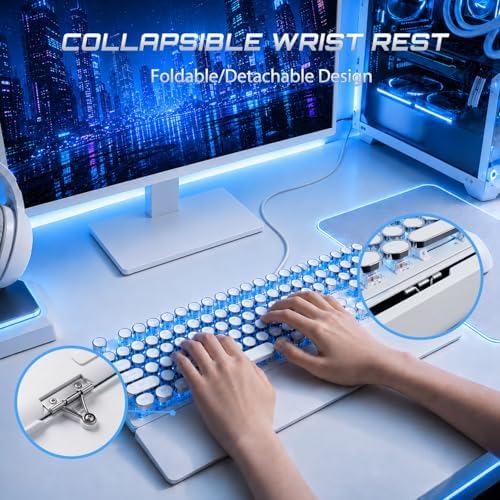 RK ROYAL KLUDGE S108 Typewriter Mechanical Keyboard, Retro Wired Gaming Keyboard with Number Pad and Detachable Wrist Rest, 108 Keys Full Size PC Game Keyboards, Clicky Blue Switch, Blue Backlit White