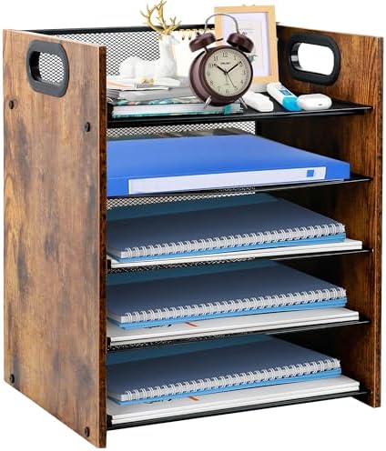 Desk Organizer - 5-Tier Desktop File Organizer, Wooden Paper Tray Organizer, Office Desk Organzier and Accessories for Papers, Mail, Notebooks, Stationery