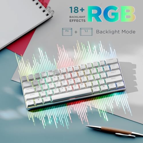 RK Royal KLUDGE RK61 Pro 60% Wired Gaming Keyboard, Hot Swappable Mechanical Keyboard with Aluminum Shell, Programmable RGB Backlit PC Game Keyboards 61 Keys, PBT Keycaps, Gateron Blue Switch, White