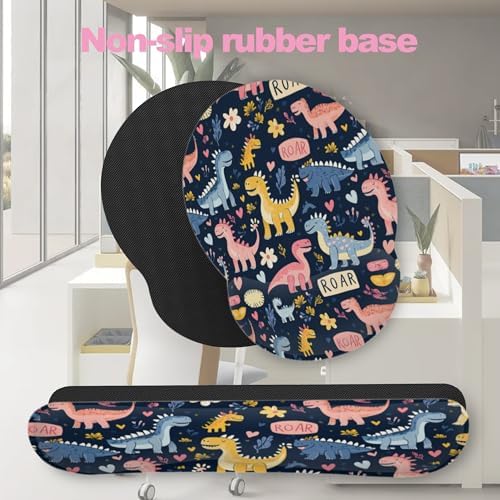 Cute Dinosaur Mouse Pad with Wrist Rest Set, 3-in-1 Wrist Support Mousepad Set, Gaming Mat Pad with Anti-Skid Base,Ergonomic Memory Foam Mouse Pad Set for Women, Office, Typing, Gaming