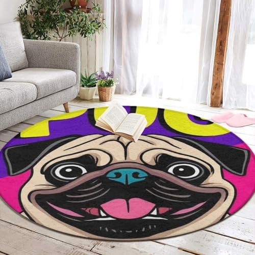 Soft Round Yoga Carpet, Office Chair Decor Round Mat for Carpet and Hardwood Floors Colorful Pug