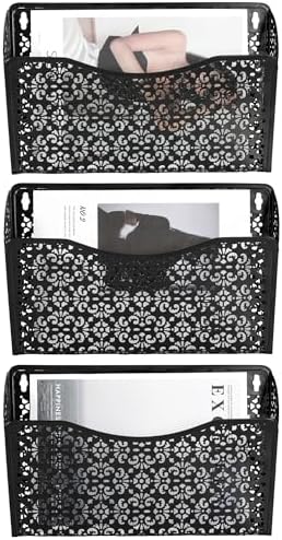 EasyPAG 3 Pack Hollow Design Wall-Mounted File Organizer - Heavy Duty Metal, Vertical Space Saving, Letter Size Single Pocket Holder for Office, Home, School, Black