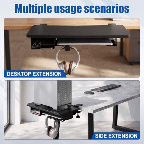 Novabright 24" x 12" Desk Extender Tray with Side Storage Rack Heavy Duty Desk Extender Under Desks Laptop Mount Keyboard Extenders for Desks with a Concealed Storage Area for Cable & Earphone (Black)