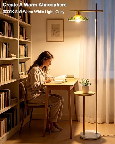 Lightdot Glass Floor Lamp with Table Green Lotus Leaf Gold Standing Lamp