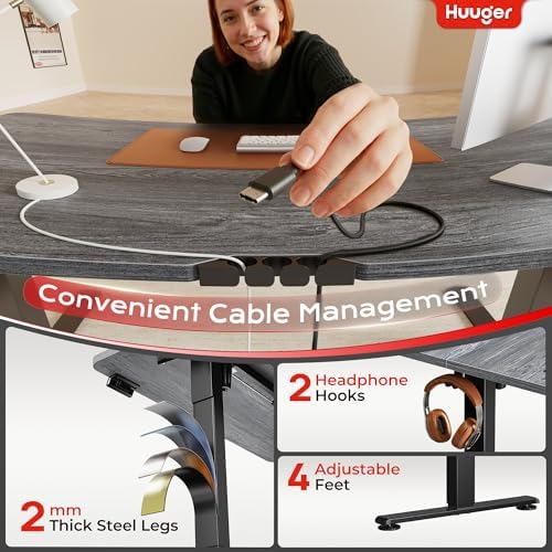 Huuger 47 X 24 Inch Electric Standing Desk with Power Outlets and USB-C Port, Height Adjustable Desk, Sit Stand Desk for Home Office, Computer & Gaming Desk with 3 Presets, Stable Steel Frame, Grey