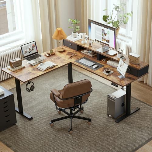 Agilestic 63 Inch L Shaped Electric Standing Desk with Drawer, Rustic Brown