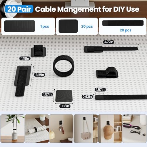 Under Desk Cable Management, 【Holds 15 Cables】【Ultra Adhesion】 Hook and Loop Cable Strap, Adjustable Long Cable Tie, Reusable Cable Clip Hiding, 20 Pairs
