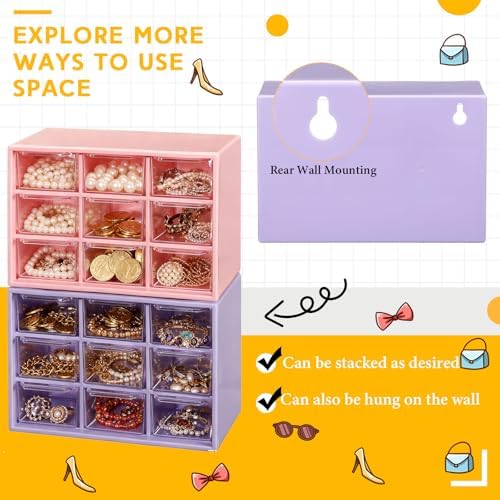 Wenqik 2 Pcs Mini Storage Drawers with 9 Clear Drawers, Purple, Pink