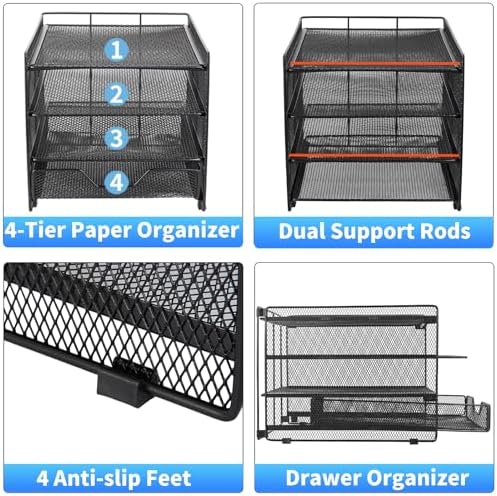 OPNICE Desk Organizer, 4-Tier Desktop File Organizer with Drawer, Office Desk Accessories, File Sorters, Workspace Organizers for Office Supplies(Black Upgraded)