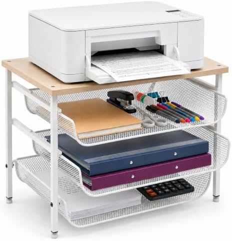 4-Tier Printer Stand with Storage for Desk, Wood Top, White