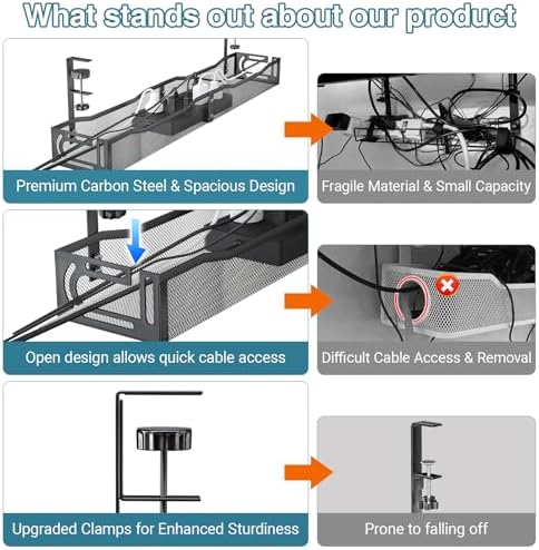 No Drill Under Desk Cable Management Tray, SONATURE 25.3" Cord Organizer for Table, Clamp Mount Desk Cable Management, Premium Carbon Steel Cable Organizer for Office, Home (Black)