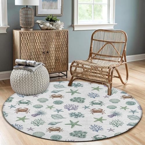 Soft Round Yoga Carpet, Large Home Decor Mat, Non Slip Machine Washable Kitchen Office Circle Rug Under Sea Ocean Starfish Shell Coral Crab Watercolor, 24inch