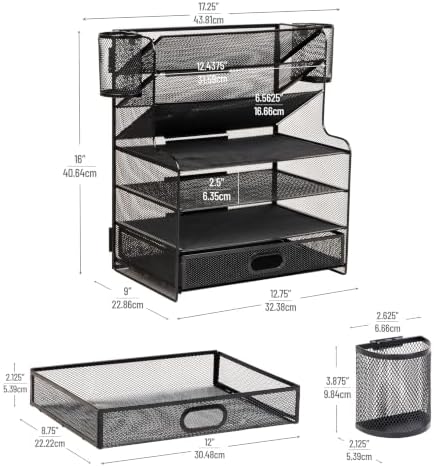 Mind Reader Mesh Desk Organizer, 6 Compartments, 1 Drawer, 2 Pen Cups, Office Desktop Organizer, Metal Mesh, Black